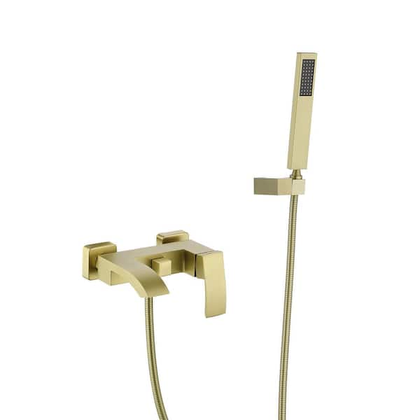 Single-Handle Wall-Mount Roman Tub Faucet with Hand Shower 2 Hole Brass Waterfall Bathtub Fillers in Brushed Gold
