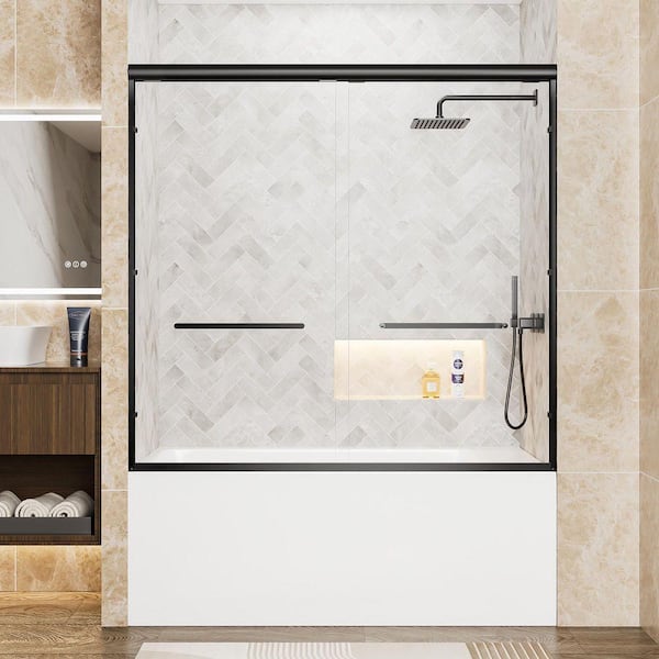 Vitrina 60 in. W x 57 in. H Double Sliding Tub Door in Matte Black Finish with Clear Glass and Explosion-Poof Film