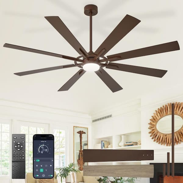 72 in. Blown Brushed Walnut 8 Blade Downrod Mount Large Ceiling Fans with Light Included Remote APP Control Dimmable LED