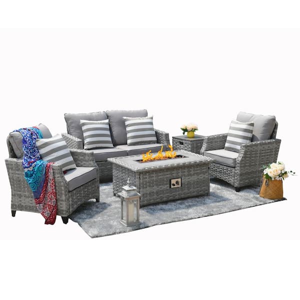 moda furnishings Moda 5-Piece Wicker Patio Conversation Set with Gas Fire Pit Table and Gray Cushions