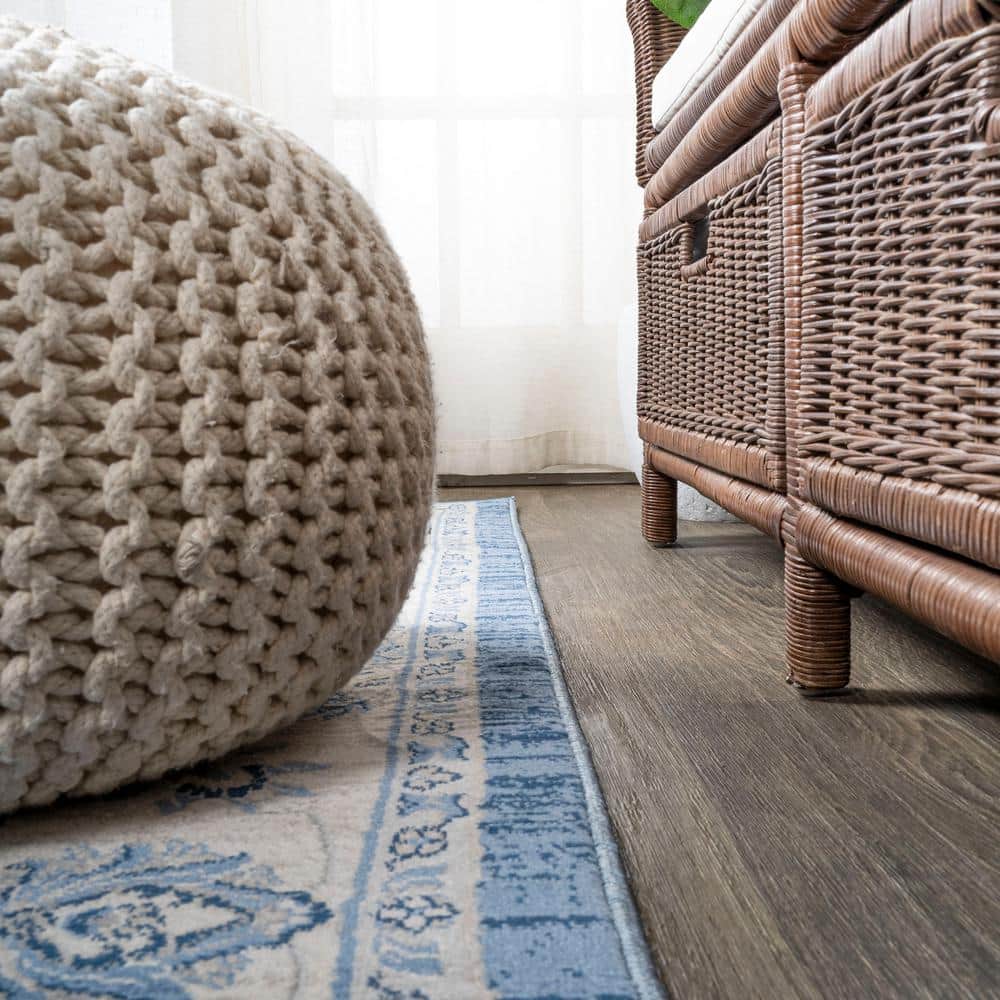 Blue and Ivory Floral Synthetic Runner Rug