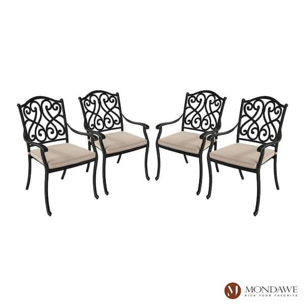 Mondawe Black Cast Aluminum Metal Outdoor Patio Stackable Retro Pattern Dining Chair with Beige Cushions for YardGazebo(Seat 4)
