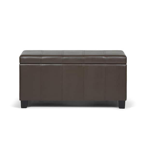Simpli Home Dover 36 in. Wide Contemporary Rectangle Storage Ottoman Bench in Chocolate Brown Vegan Faux Leather, Assembled