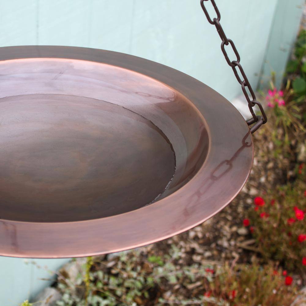 18" Antique Copper Hanging Birdbath with Wrought Iron Hanger