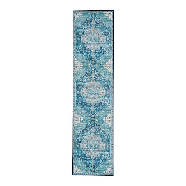 Linon Home Decor Washable Alana Teal/Ivory 2 ft. x 8 ft.