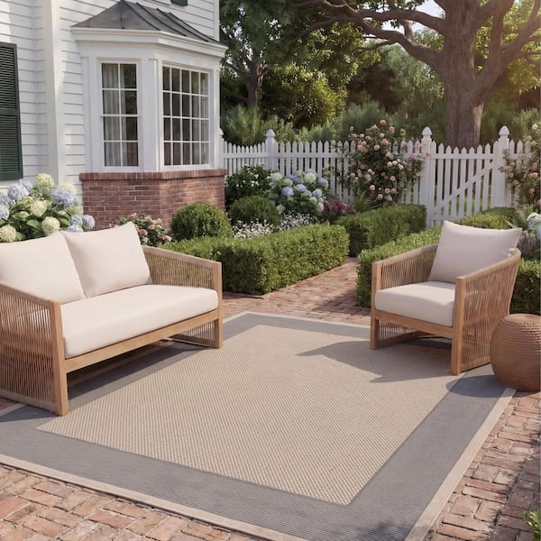 Courtyard Gray/Cream 8 ft. x 11 ft. Border Indoor/Outdoor Patio Area Rug