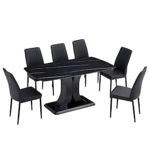 7-Piece Modern Faux Marble Top Dining Table (Set for) 6 with MDF Base, Dining Table and 6 Chairs, Black