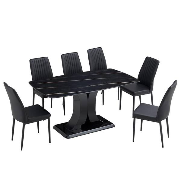 Polibi 7-Piece Modern Faux Marble Top Dining Table (Set for) 6 with MDF Base, Dining Table and 6 Chairs, Black