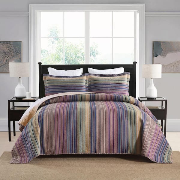 CP324 Purple Striped King Size 100% Cotton Quilt Bedspread Set