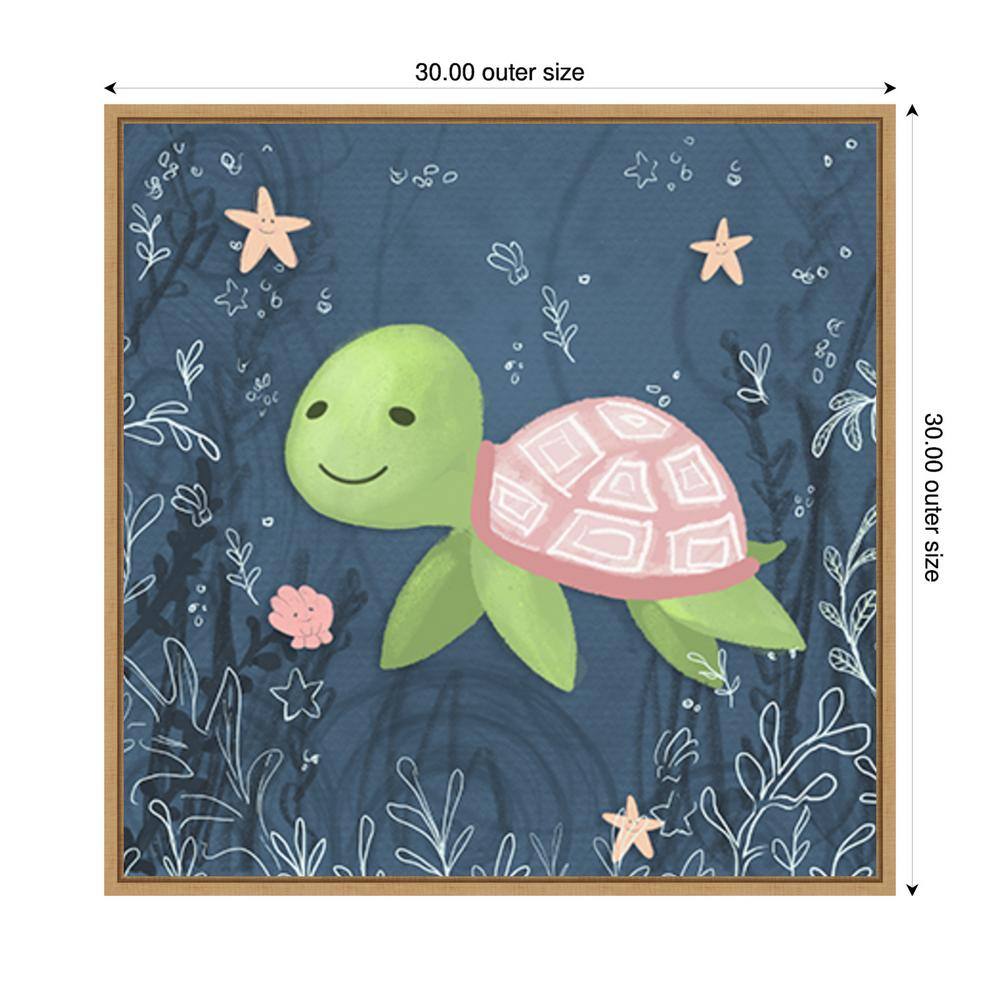 Hartworks Seahorse and Turtle Blue II 30" Canvas Print with Maple Frame