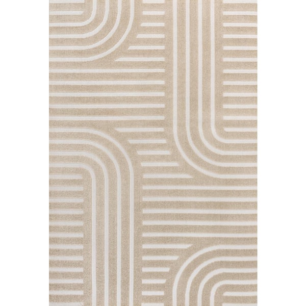 Anders High-Low MidCentury Modern Arch Stripe 2-Tone Beige/Cream 3 ft. x 5 ft. Indoor/Outdoor Area Rug