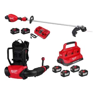 M18 FUEL 18V Brushless Cordless Dual Battery Backpack Blower w/Straight Shaft String Trimmer, 4 Battery, Packout Charger