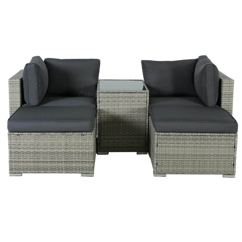 Gray 5-Piece PatioRattan Outdoor Sofa with Coffee Table Set for Patio, Yard