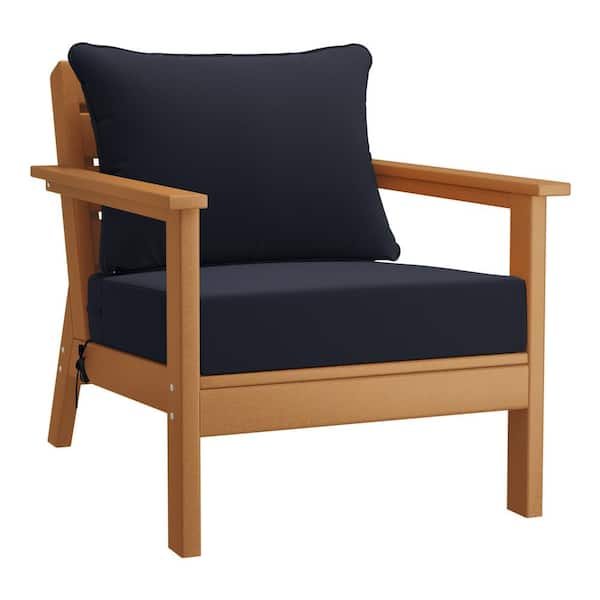 WESTIN OUTDOOR Birchwood Outdoor Patio Deep Seating HDPE Plastic Lounge Chair in Teak with Navy Blue Cushions
