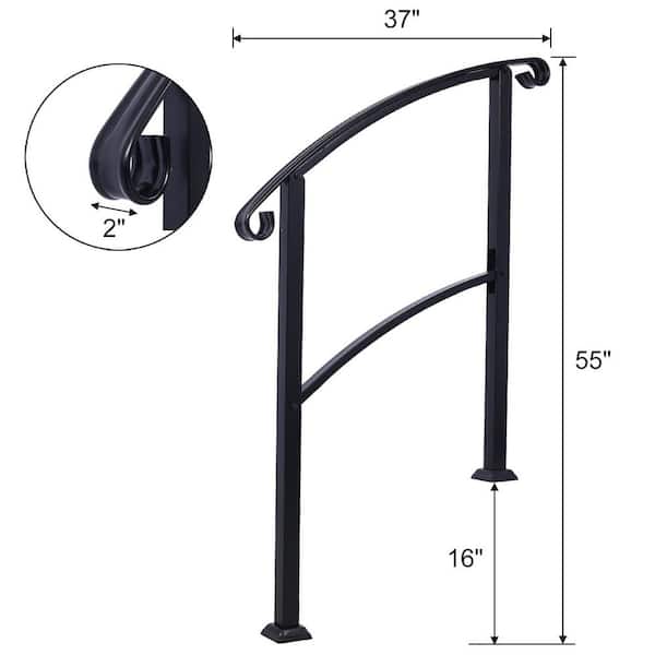 Angel Sar 55 in. H x 37 in. W Black Wrought Iron Handrails, Outdoor Stair Railing Kit for 1 Steps or 3 Steps