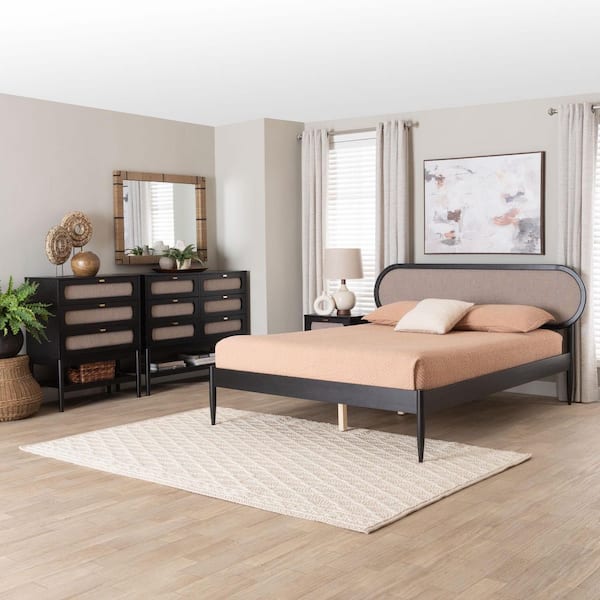 Baxton Studio Shirin 4-Piece Beige Fabric and Black Wood Queen Bedroom Set