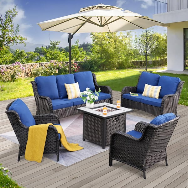 Vincent Brown 5-Piece Wicker Patio Fire Pit Outdoor Seating Sofa Set and with Navy Blue Cushions