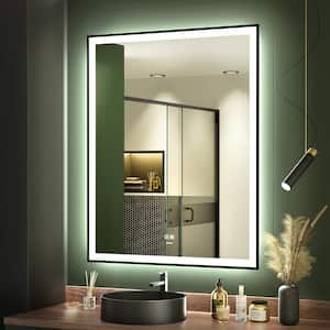 GANPE 28 in. W x 36 in. H Large Rectangular Framed Dimmable Wall Bathroom Vanity Mirror in Sliver