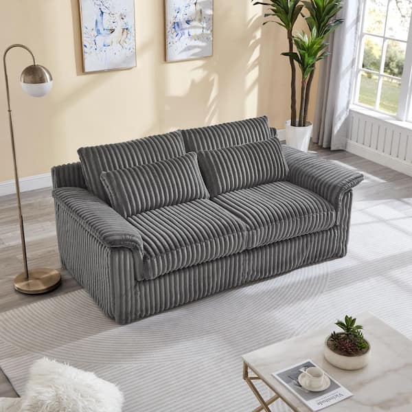 Kian Modern 74.02 in. Pillow Top Arms Corduroy Upholstered Rectangle Loveseat Sofa in Gray with Removable Cushions