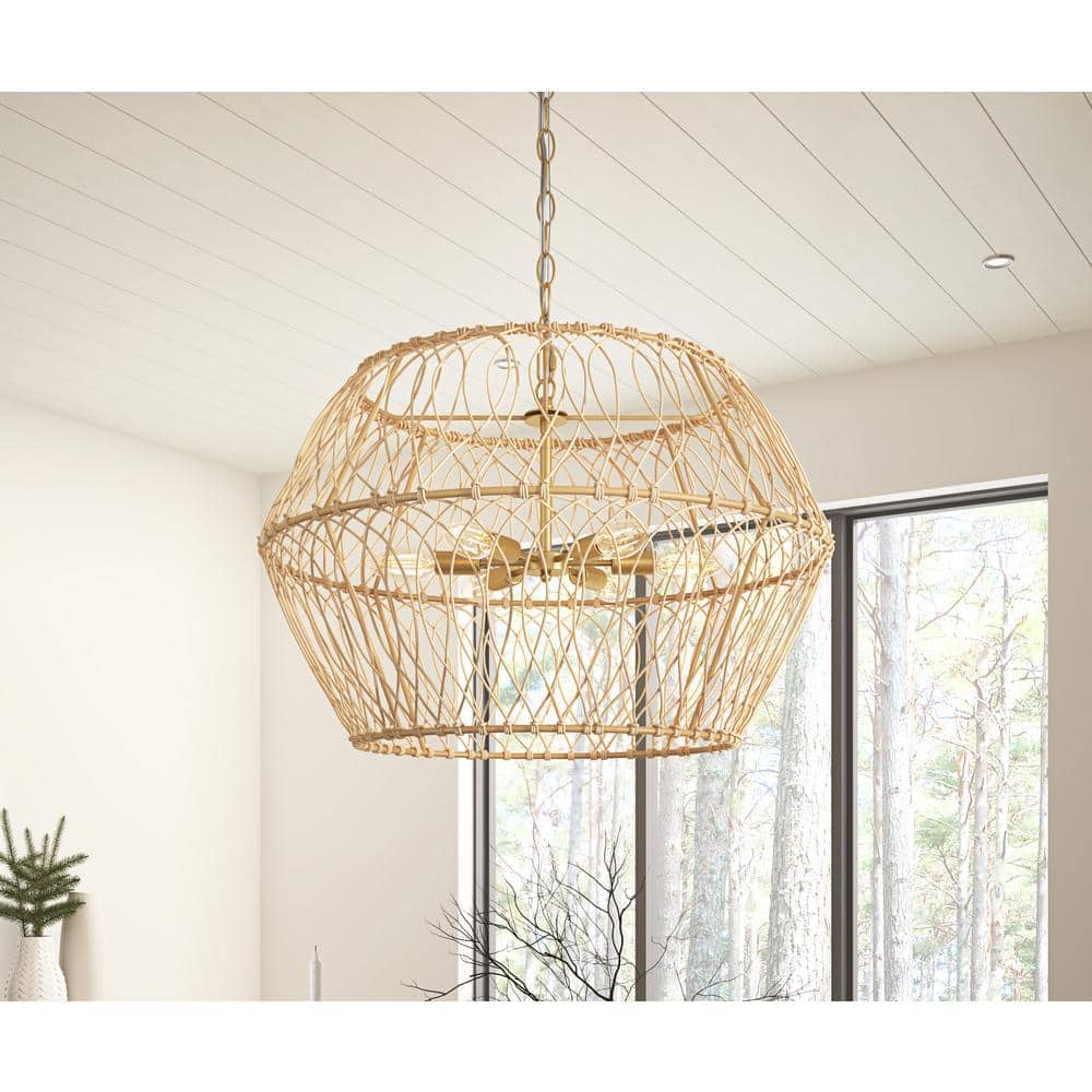 aiwen 24.4 in. 6-Light Farmhouse Gold Coastal Woven