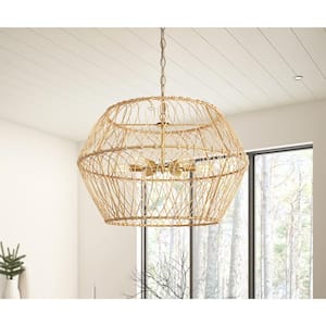 24.4 in. 6-Light Farmhouse Gold Coastal Woven Chandelier with Rattan Basket Shade