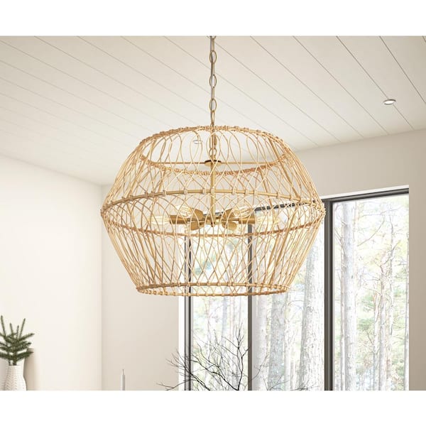 aiwen 24.4 in. 6-Light Farmhouse Gold Coastal Woven Chandelier with Rattan Basket Shade