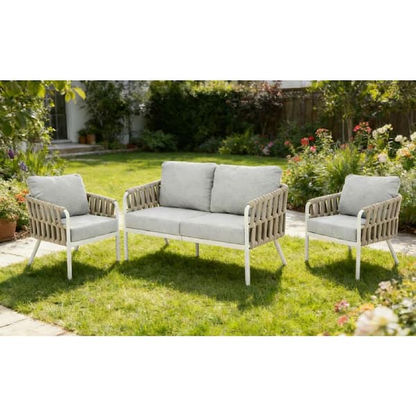 Baywood White Metal Beige Rope Outdoor Lounge Chair with Cushion Guard Light Gray Cushions