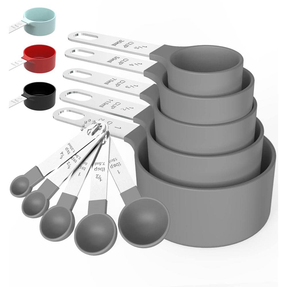 Premium 10-Piece Gray Plastic Measuring Cup Set with Stainless Steel Handle