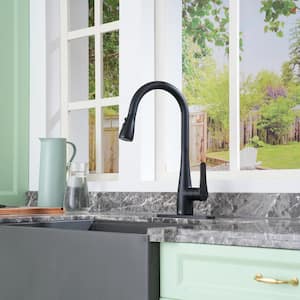 3-Spray Patterns Single Handle Pull Down Sprayer Kitchen Faucet with Deck Plate and Water Supply Hoses in Matte Black