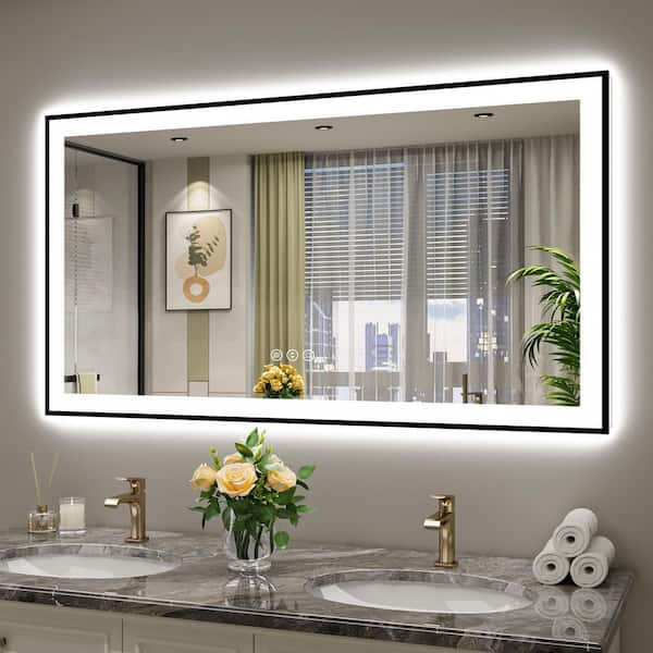55 in. W x 30 in. H Rectangular Framed Front and Back LED Lighted Anti-Fog Wall Bathroom Vanity Mirror in Tempered Glass