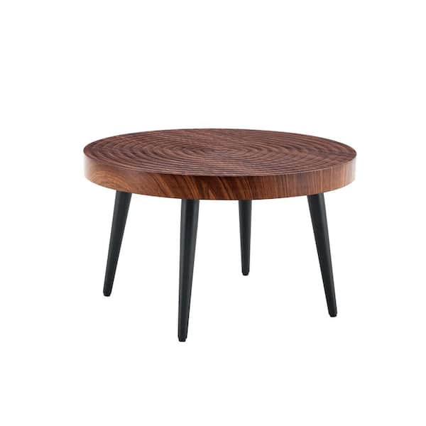 maocao hoom 23.6 in. Modern Round Coffee Table, Walnut Color Pattern Design, Black Sprayed Metal Leg