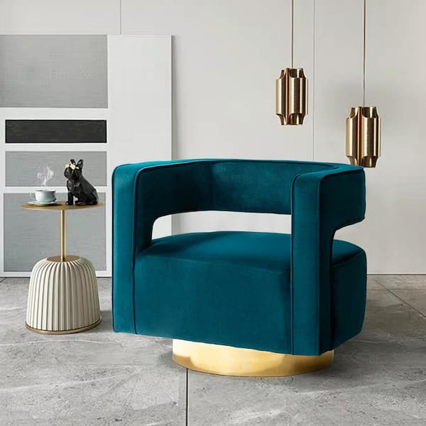 JAYDEN CREATION Gustaf Contemporary Velvet Teal Comfy Swivel Barrel Chair with Open Back and Metal Base