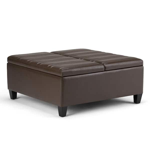Simpli Home Ellis 36 in. Contemporary Square Storage Ottoman in Chocolate Brown Faux Leather