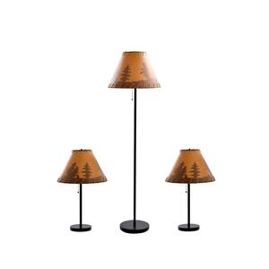 Lodge 58 in. Dark Bronze Table and Floor Lamp Set with Tan Paper Shade and (Set of 3)