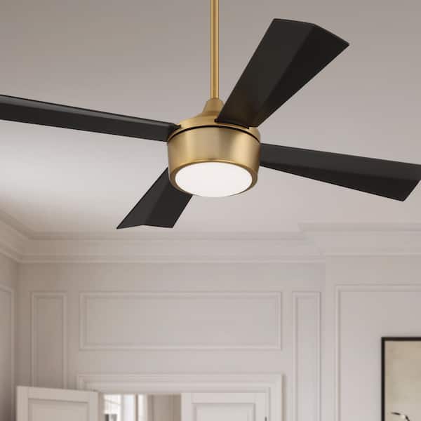 42 in. Satin Brass Finish; Flat Black Blades Angled Mount Standard Ceiling Fan w/ Integrated LED Light & Remote Included