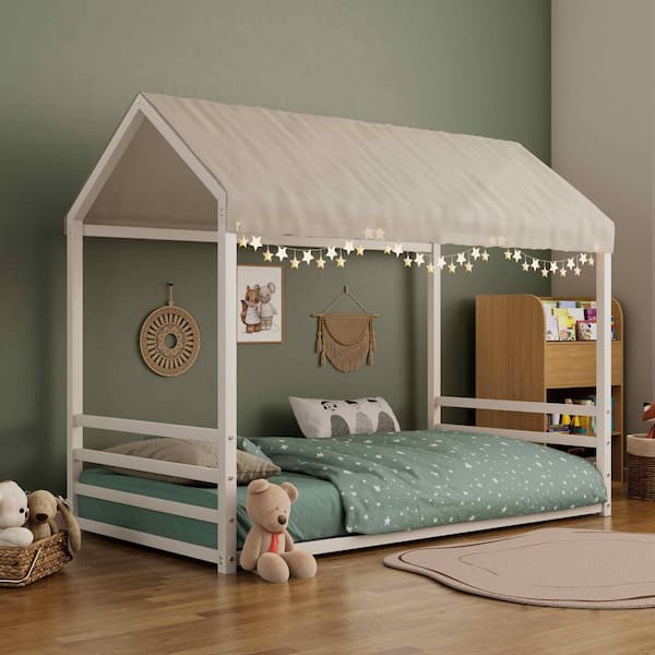 White Metal Frame Twin Platform Bed with Guardrails for Kids and Toddlers