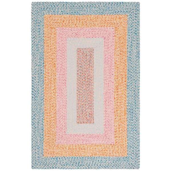 Braided Aqua/Pink 2 ft. x 3 ft. Machine Washable Solid Striped Border Area Rug