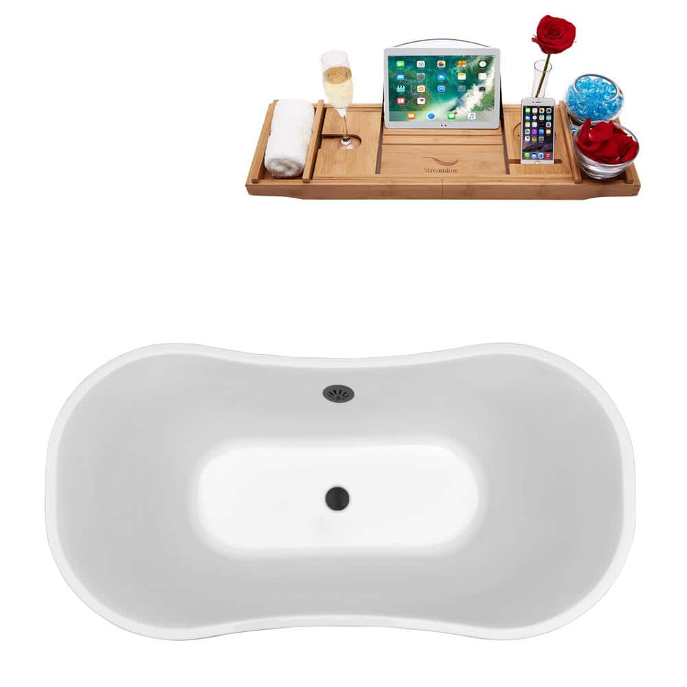 68" Glossy White Acrylic Freestanding Soaking Tub with Bamboo Tray