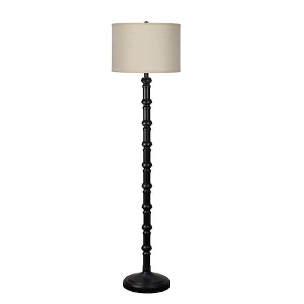 62" Satin Black Stacked Candlestick Metal Column Floor Lamp with Designer Shade