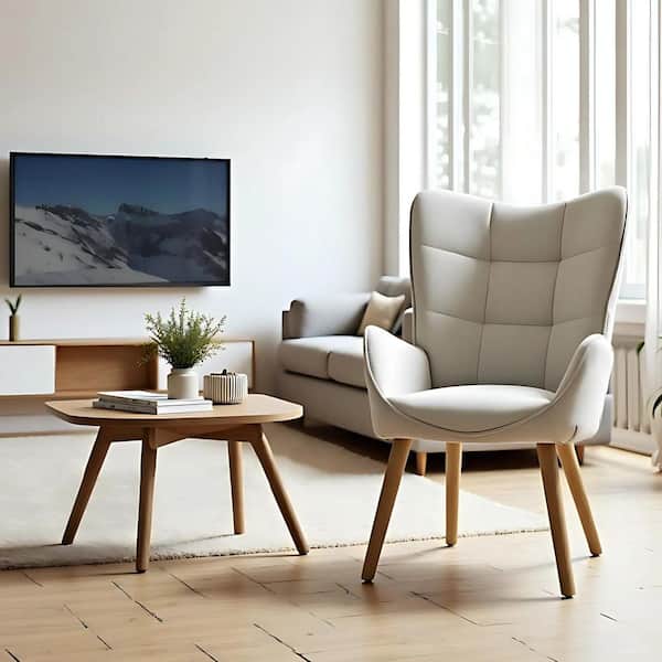 KANAS Modern Accent Wingback Chair, Upholstered in Cream Fabric, with Ergonomic Support, Mid-Century Style for Living