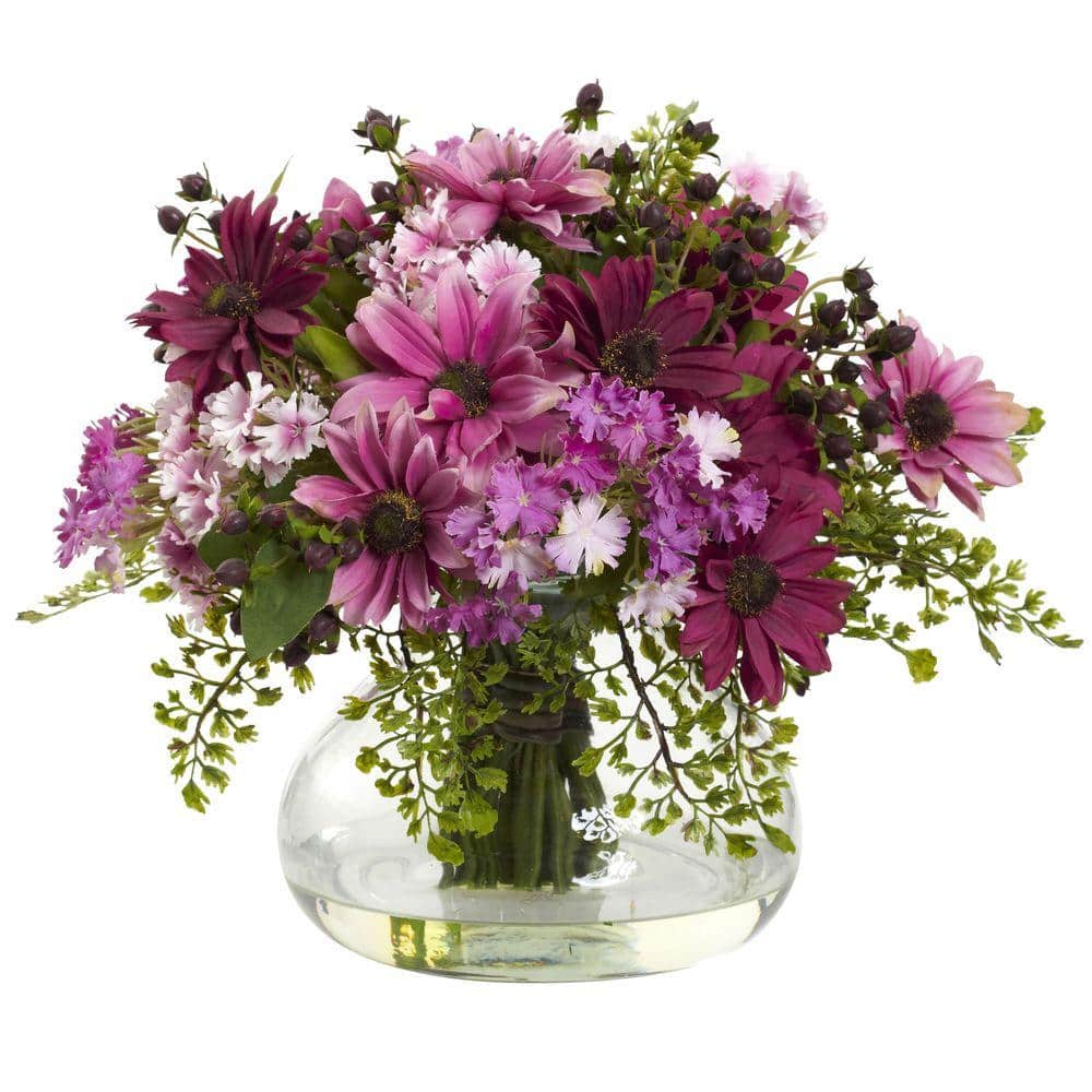 Large Pink and Purple Mixed Daisy Floral Arrangement in Clear Vase