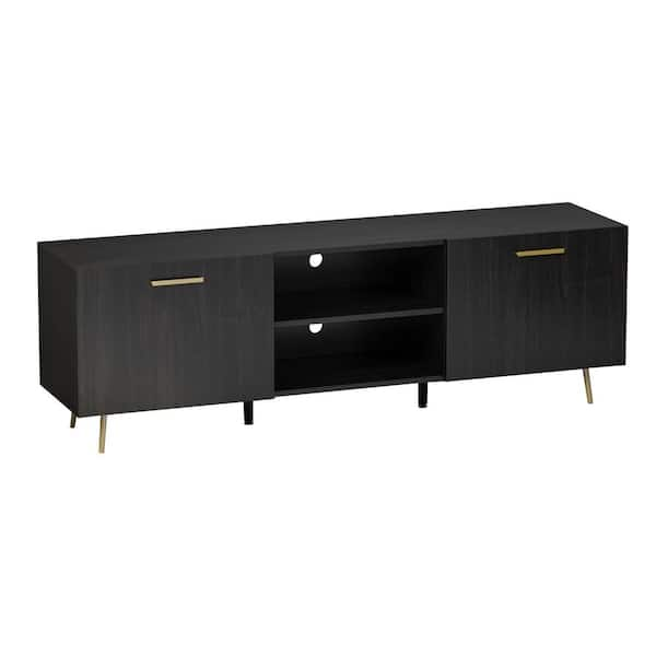 FUFU&GAGA 69 in. W Black Wood TV Stand Entertainment Center for TV up ...