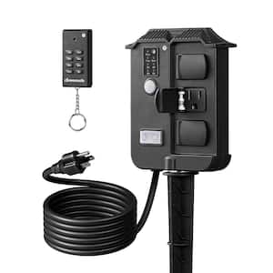 Outdoor Photocell Dusk to Dawn Power Stake Timer Waterproof, Remote Control, 6 Grounded Outlets, 6 ft. Extension Cord