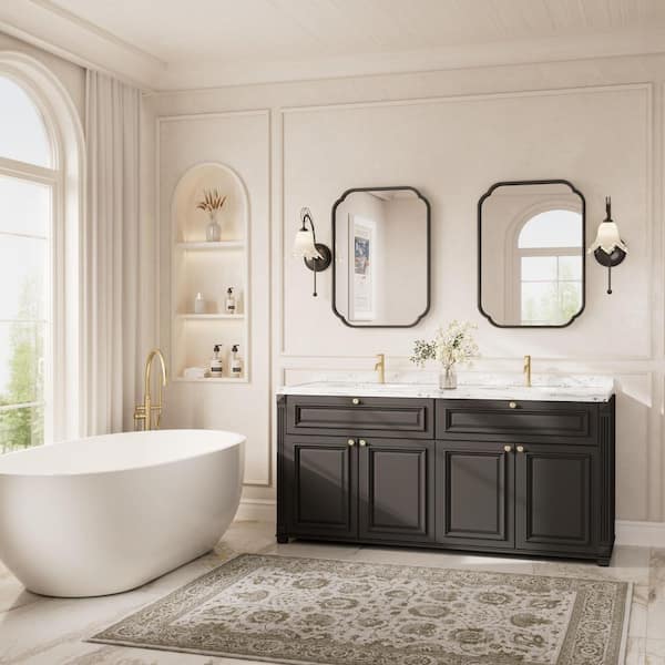 22 in. W x 30 in. H Scalloped Framed Wall Bathroom Vanity Mirror in Black