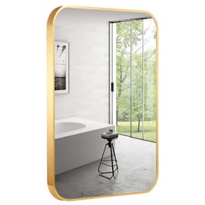 32 in. W x 24 in. H Small Rectangular Steel Framed Wall Bathroom Vanity Mirror in Gold