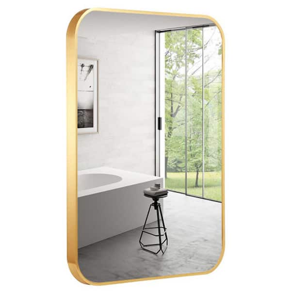 Unbranded 32 in. W x 24 in. H Small Rectangular Steel Framed Wall Bathroom Vanity Mirror in Gold