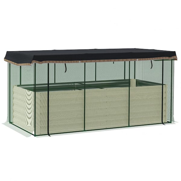 Outsunny Beige Galvanized Steel Raised Garden Bed with Crop Cage Plant Protection Net and Shade Cloth, Planter Box with Cover