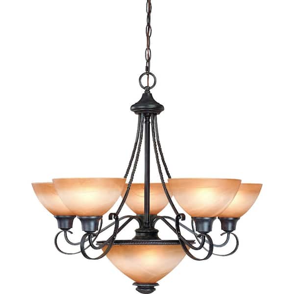 Volume Lighting Altamonte Collection 7-Light Frontier Iron Hanging Chandelier with Amber Alabaster Glass Bowl Shades