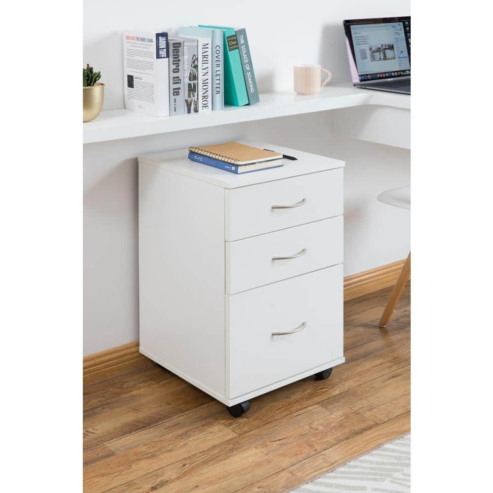 White 28" Mobile 3-Drawer Wooden File Cabinet with Casters