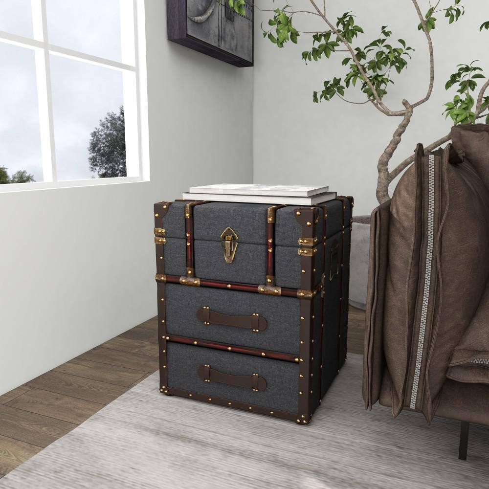 Dark Blue Linen Upholstered Wood End Table with Storage